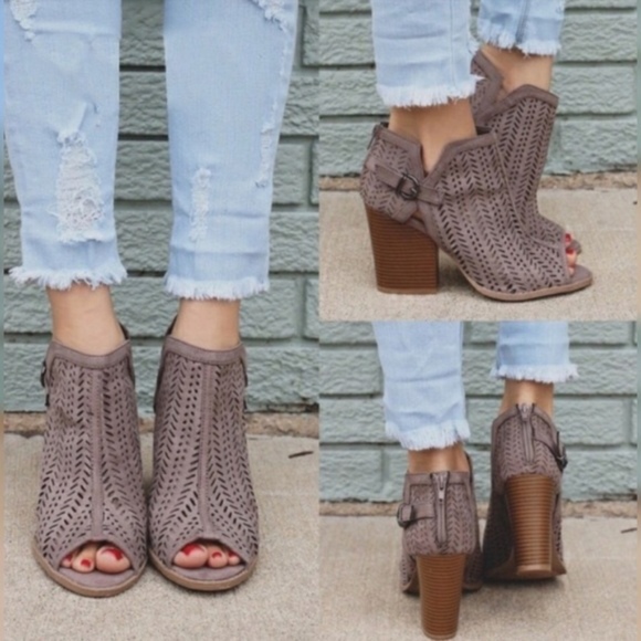 Glamvault Shoes - Taupe Laser Cutout Peep Toe Ankle Booties